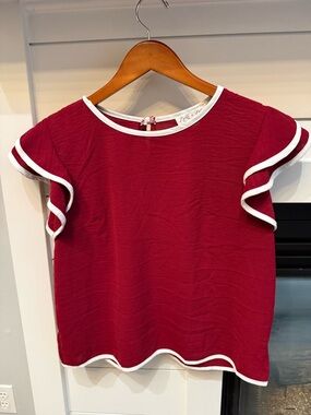 Women's She and Sky Red Ruffle Sleeve Top with White Trim Medium